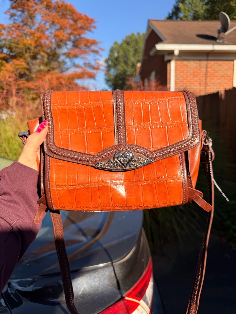 Vintage Croc-Embossed Crossbody Bag with Heart Medallion in Burnt Orange